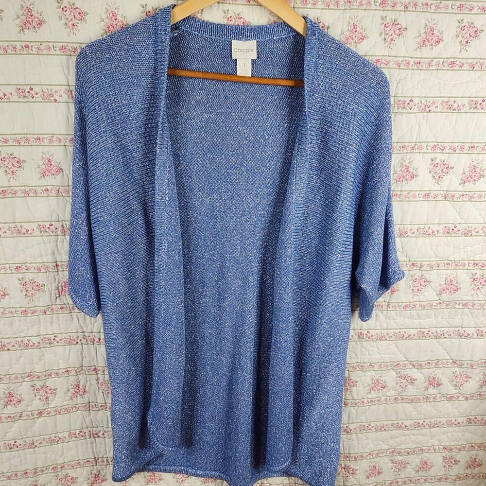 Chico's Open‎ Front Cardigan Shimmer Knit Blue Silver Size 1